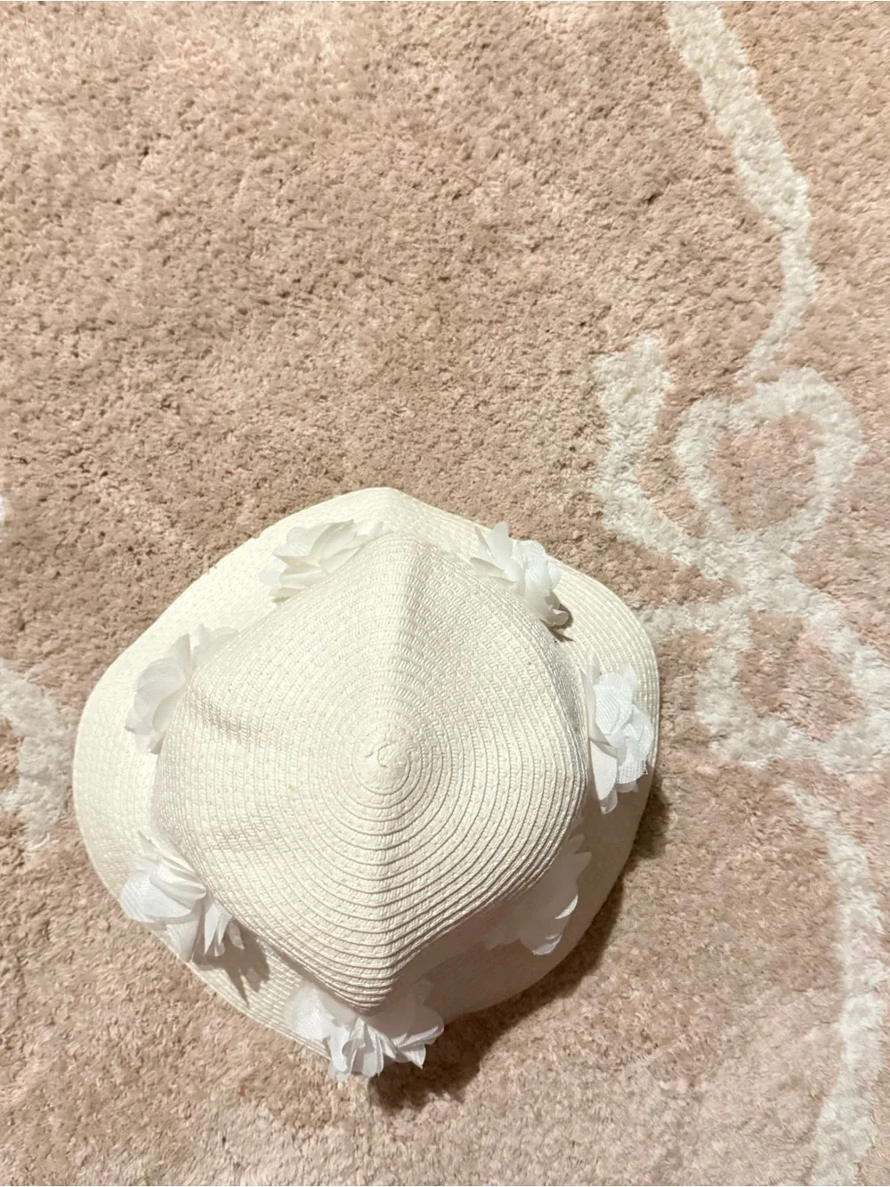 Kids White Floral Ribbon Straw Sun Hat